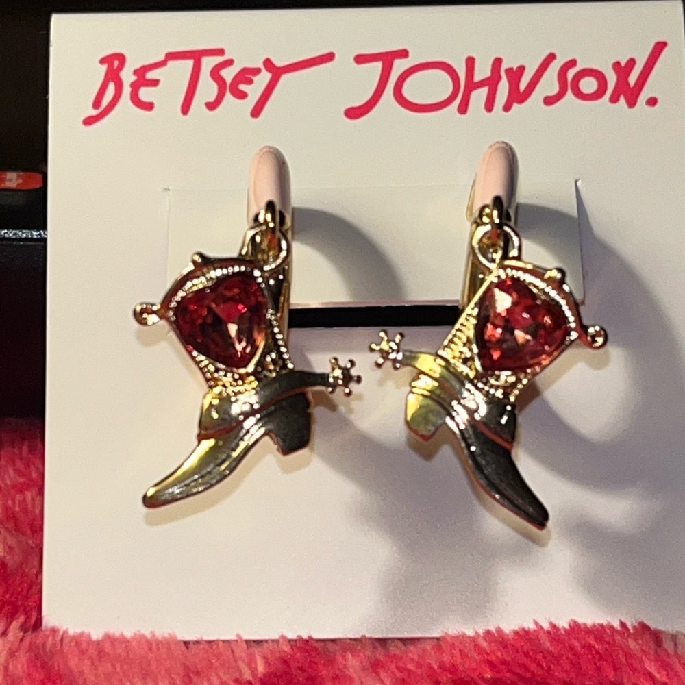 Betsey Johnson Pink and Gold Cowboy Boot Drop Earrings